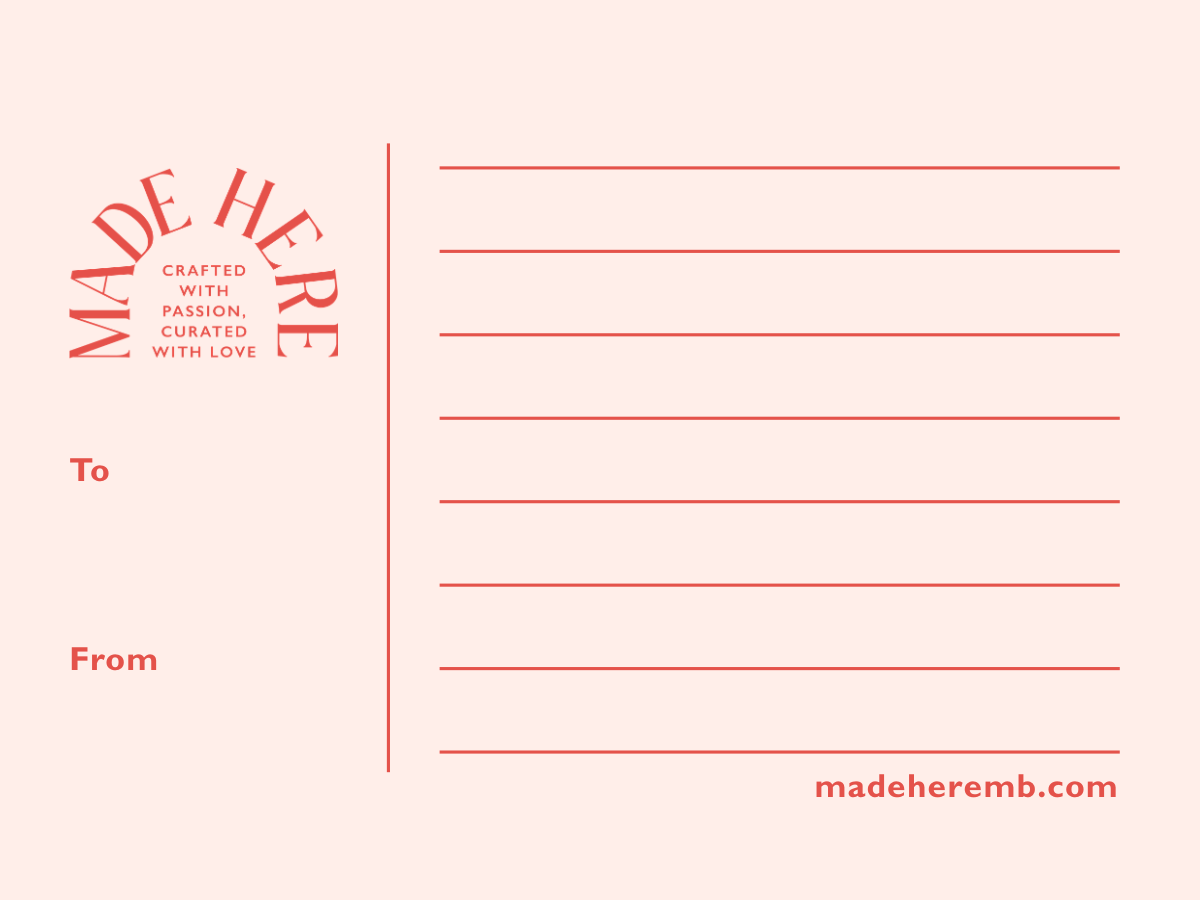 Made Here note card reverse with To and From fields and lines for a personal message. Made Here Thank You note card with cream lettering on a coral background