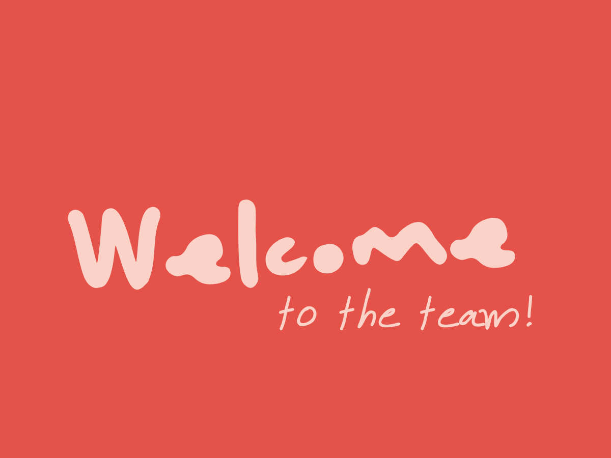Made Here Welcome to the Team note card with cream lettering on a coral background