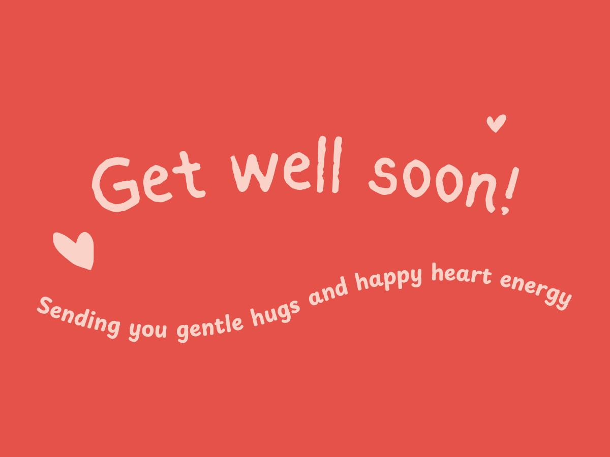 Made Here Get well soon! note card with cream lettering on a coral background