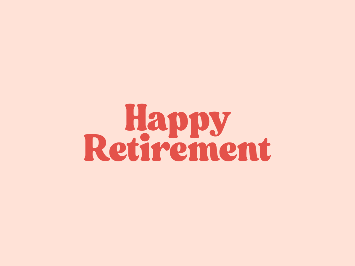 Made Here Happy Retirement note card with coral lettering on a red background