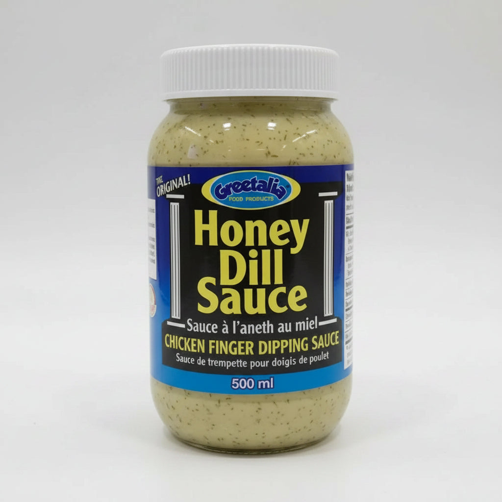 Jar of Greetalia Honey Dill Sauce on a white background