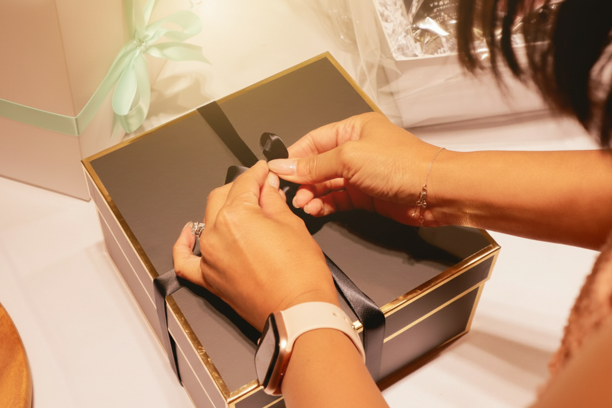 A close-up of a person's hands wrapping a black ribbon around a black and gold gift box, with other gift packaging visible in the background.
